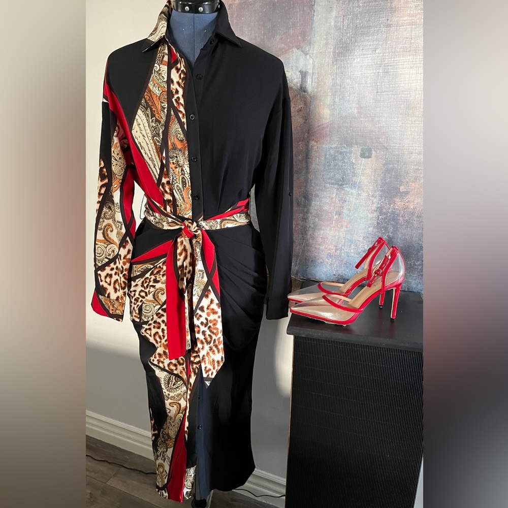 🌟Live Show Stunning Leopard Red & Black Sexy Shirtdress